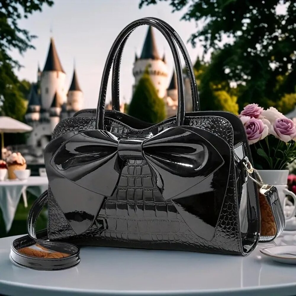Black Crocodile Pattern Bow Handbag | Patent Faux Leather Purse w/ Strap - Picture 7 of 7